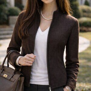 Eileen Fisher Brown Silk Blend Zip Up Light Fall Jacket Coat Pockets Sz Small